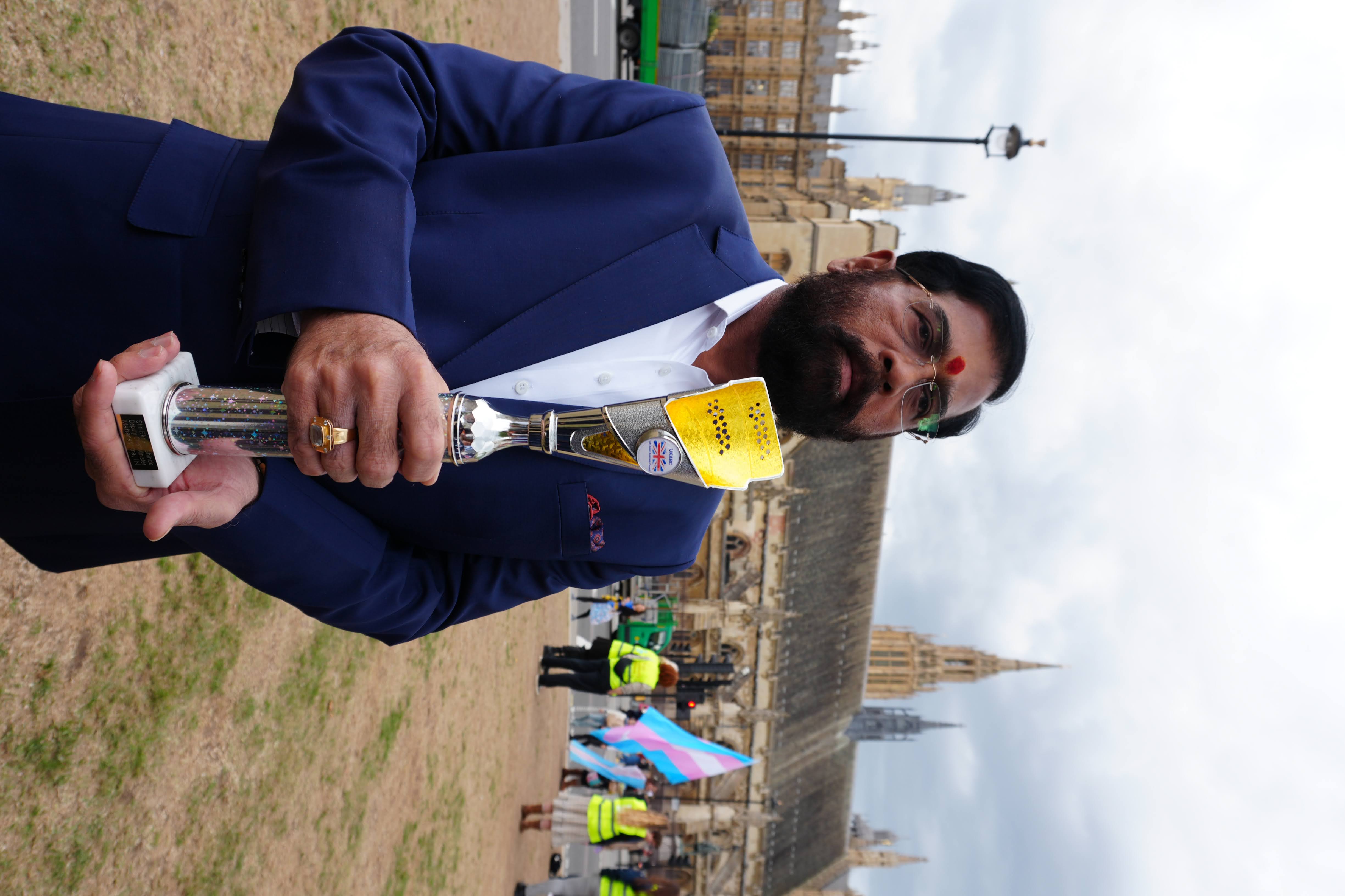 Eknath Shinde outside the Palace of Westminster during his September 2026 London visit