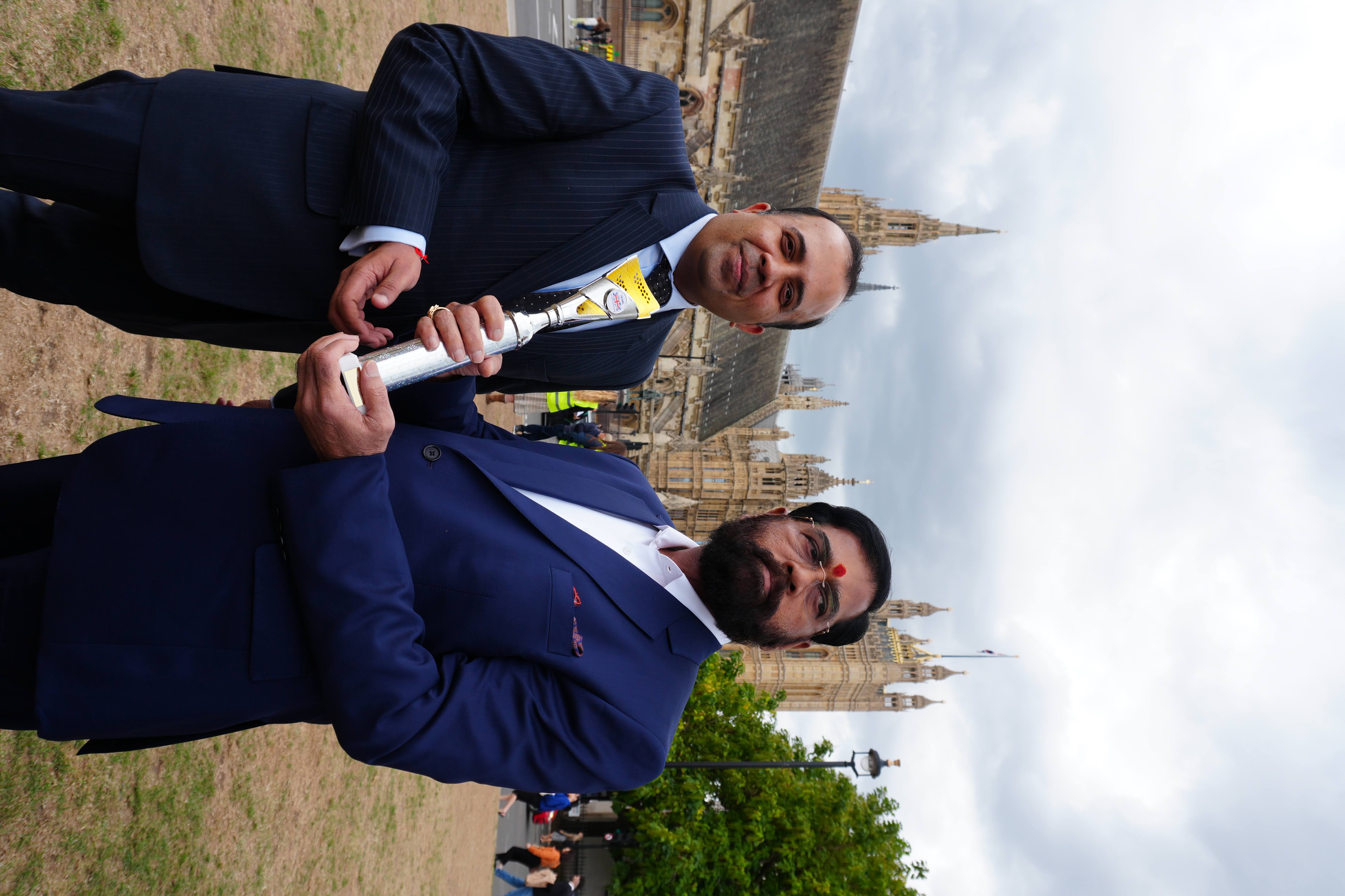 Sudeep Sakalle with Maharashtra Deputy Chief Minister Eknath Shinde outside UK Parliament during the London visit