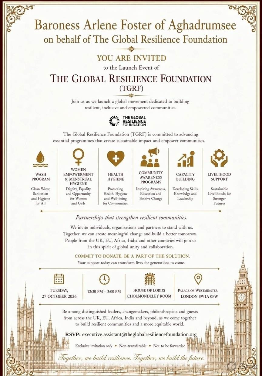 The Global Resilience Foundation Founding Reception, 27 October 2026, 12:30–3:00 PM, House of Lords, with the official UKABC logo